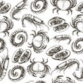 Hand drawn sketch seafood seamless pattern.