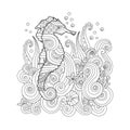 Hand drawn sketch of seahorse under the sea in zentangle inspired style.