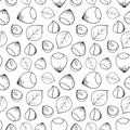 Hand drawn sketch seamless background pattern with hazelnuts. Vector illustration of nuts on a white background