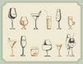 Hand drawn sketch set of alcohol drinks and cocktails. Vector illustration Royalty Free Stock Photo