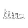 Hand-drawn sketch set of Chess pieces on a white background. Chess. Check mate. King, Queen, Bishop, Knight, Rook, Pawn