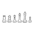 Hand-drawn sketch set of Chess pieces on a white background. Chess. Check mate. King, Queen, Bishop, Knight, Rook, Pawn Royalty Free Stock Photo