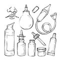 Hand drawn Sketch Set medicines for colds, aspirator, nose drops and nasal spray.