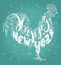 Hand drawn sketch in the shape of a rooster, lettering happy new year