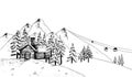 Hand drawn sketch of ski resort. Vector mountains, cute wooden house, forest winter landscape illustration. Holiday hut for