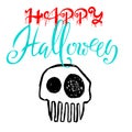 Hand drawn sketch skull. Cartoon skull illustration.Burning skull on black background. Happy halloween party lettering