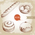 Hand drawn sketch style bakery goods illustrations set. Fresh salted pretzel, french baguette, iced cinnamon bun and iced bun