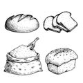 Hand drawn sketch style bread set. Bun, loaf, sliced bread and flour bag with a wooden spoon. Organic food. Fresh daily bakery pro Royalty Free Stock Photo