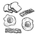 Hand drawn sketch style breakfast ingredients set. Toasted bread slices, fried eggs and bacon. Best for menu designs and packages.