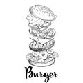 Hand drawn sketch style burger flying ingredients. Fast, street food. Cheeseburger with cucumber, lettuce, tomato, onion and beef