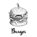 Hand drawn sketch style burger with wooden stick. Fast, street food. Cheeseburger with fried chicken, lettuce, tomato, onion, mayo