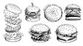 Hand drawn sketch style burgers set. Different types of fast food. Burger with flying ingredients.