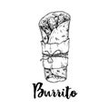 Hand drawn sketch style burrito wrap with meat pieces in paper package. Traditional Mexican cuisine illustration. Fast food. Stree