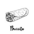 Hand drawn sketch style burrito wrap. Traditional Mexican cuisine illustration. Fast food. Street food drawing. Royalty Free Stock Photo