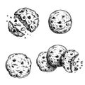 Hand drawn sketch style chocolate chip cookies set. Single whole and crumbled in group. Vintage retro ink style vector illustratio Royalty Free Stock Photo