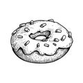 Hand drawn sketch style donut with white icing and marshmallow. Sweet dessert. Best for menu designs.