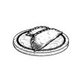 Hand drawn sketch style empanadas cheburek on the wooden cutting board. Traditional pie with meat. Fast food vector drawing. Best