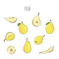 Hand drawn sketch style fruits set. Bio food vector illustration collection on white background. Slice pear Royalty Free Stock Photo