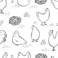 Hand drawn sketch style hen and rooster seamless pattern