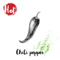 Hand drawn sketch style hot chili pepper poster. Red label with hot sign. Vector illustration Royalty Free Stock Photo