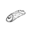 Hand drawn sketch style Italian dessert cannoli. Fried sweet pastry and ricotta cheese cream. Cherry and fruit decorated. Traditio Royalty Free Stock Photo