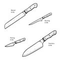 Hand drawn sketch style knives set. Bread, Paring, Boning and Santoku knives.