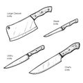 Hand drawn sketch style knives set. Large Cleaver, Steak, Utility and Chef\'s knives.