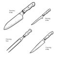 Hand drawn sketch style knives set. Santoku, boning, carving knives and carving fork.