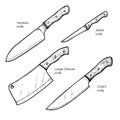 Hand drawn sketch style knives set. Santoku, steak, Large Cleaver and Chef\'s knives.