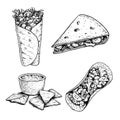 Hand drawn sketch style mexican food set. Nachos with sauce, burrito, taco and quesadilla. Traditional Mexico food in vintage hanm Royalty Free Stock Photo