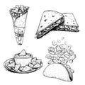 Hand drawn sketch style mexican food set. Nachos with sauce on plate, burrito, taco flying ingredients and quesadilla. Traditional