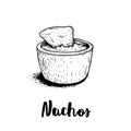 Hand drawn sketch style nachos with guacamole sauce. Traditional Mexican food. Corn chips. Retro style. Element for Mexican restau Royalty Free Stock Photo