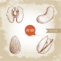 Hand drawn sketch style nuts set. Walnut, cashew, almond and pistachio seeds. Collection of healthy natural food. Vector illustrat Royalty Free Stock Photo