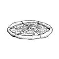 Hand Drawn Sketch Style Pizza. Fresh Baked Traditional Italian Pizza With Salami, Sliced Mushrooms And Olives. Best For Packaging,