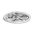 Hand drawn sketch style pizza Frutti di mare. Fresh baked traditional italian pizza with seafood. Best for packaging, menu for res