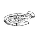 Hand drawn sketch style pizza with slice and melted cheese. Fresh baked traditional italian pizza with salami, sliced mushrooms an Royalty Free Stock Photo