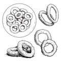 Hand drawn sketch style roasted onion rings set. Street fast food vector illustrations collection.