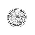 Hand drawn sketch style Salami pizza. Top view. Traditional Italian cuisine. Dough, tomato sauce,  melted mozzarella mushrooms, ch Royalty Free Stock Photo