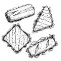 Hand drawn sketch style sandwiches set. Top view. Submarine, ciabatta, triangle and rectangular sandwiches with lettuce leaves, ha