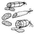 Hand drawn sketch style sausages set. Engraved meat food. Ham and salami slices. Butchery products collection. Tasty meal.