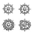 Hand drawn sketch style ship helms set. Original nautical symbols with rope. Retro vintage style.