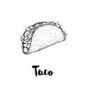 Hand drawn sketch style taco. Traditional mexican fast food illustration. Vector drawing isolated on white.