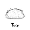 Hand drawn sketch style taco. Traditional mexican fast food illustration. Vector drawing isolated on white.