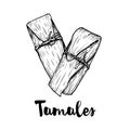 Hand drawn sketch style traditional mexican food tamales. Top view. Retro craft mexican cuisine vector illustration.