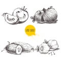 Hand drawn sketch style vegetables set. Sliced tomatoes, onions, cucumbers and garlics. Royalty Free Stock Photo