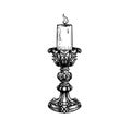 Hand drawn sketch style vintage candlestick with burning candle. Retro pen and ink, engraved vector illustration