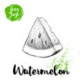 Hand drawn sketch style watermelon triangle cut vector illustration. Farm fresh fruit isolated on white background. Royalty Free Stock Photo