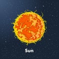 Hand drawn sketch of the sun in color, against a background of space. Detailed drawing in the style of vintage. Vector