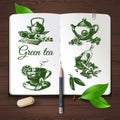 Hand drawn sketch tea set.Vector identity set on wooden background