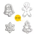 Hand drawn sketch traditional Christmas cookies set. Hand bell. gingerbread men, snowflake and christmas tree.